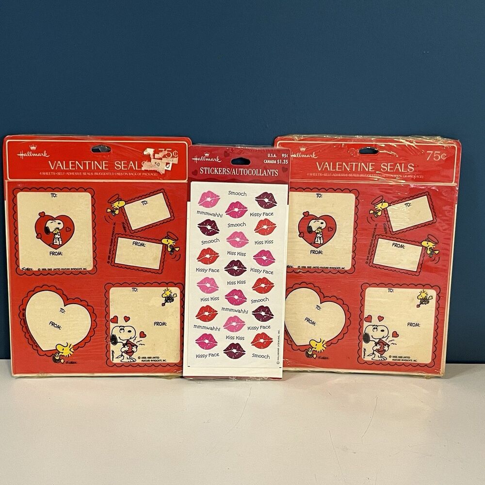 Vintage Hallmark Valentines Stickers/Seals Lot Of 3 Snoopy & Kisses Sealed NOS
